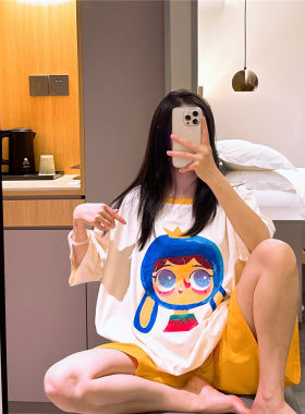 日系短袖睡衣女夏薄款纯棉甜美可爱卡通拼色家居服加肥加大码套装