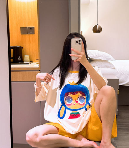 日系短袖睡衣女夏薄款纯棉甜美可爱卡通拼色家居服加肥加大码套装