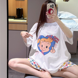 日系短袖睡衣女薄款纯棉原田治女孩印花家居服大码胖mm200斤套装