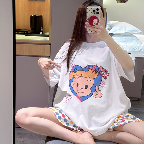 日系短袖睡衣女薄款纯棉原田治女孩印花家居服大码胖mm200斤套装