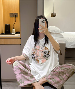 套装 国风短袖 胖mm200斤长裤 睡衣女夏薄款 纯棉刺绣家居服宽松大码