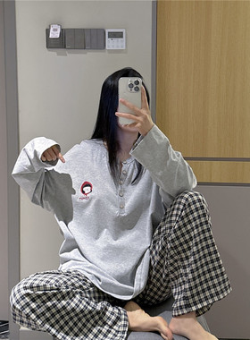 春秋长袖情侣睡衣纯棉刺绣家居服宽松大码胖mm200斤格子长裤套装
