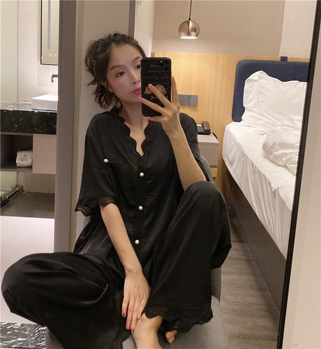 网红蕾丝花边胖mm长裤短袖睡衣