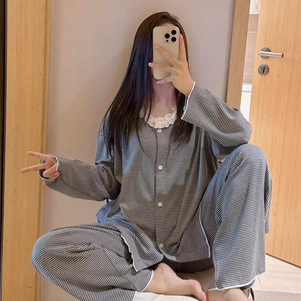 日系长袖睡衣女春秋花边圆领开衫家居服大码胖mm200斤条纹套装