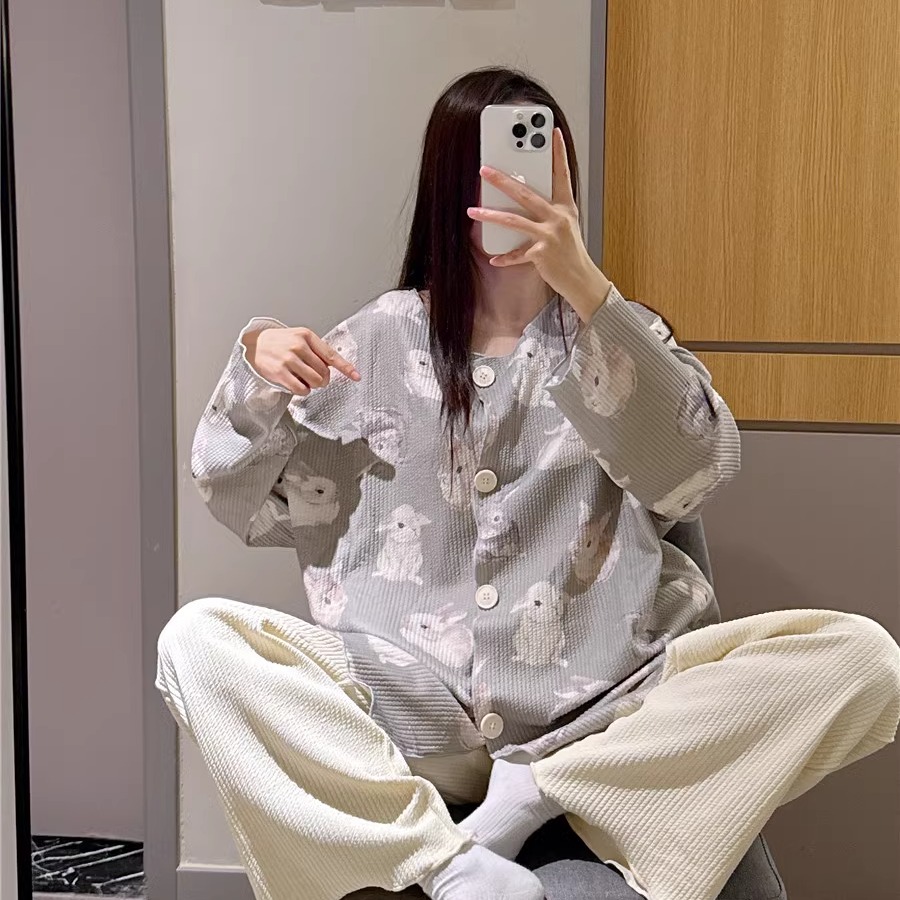 日系春秋季长袖睡衣女甜美可爱兔子印花家居服大码胖mm200斤套装