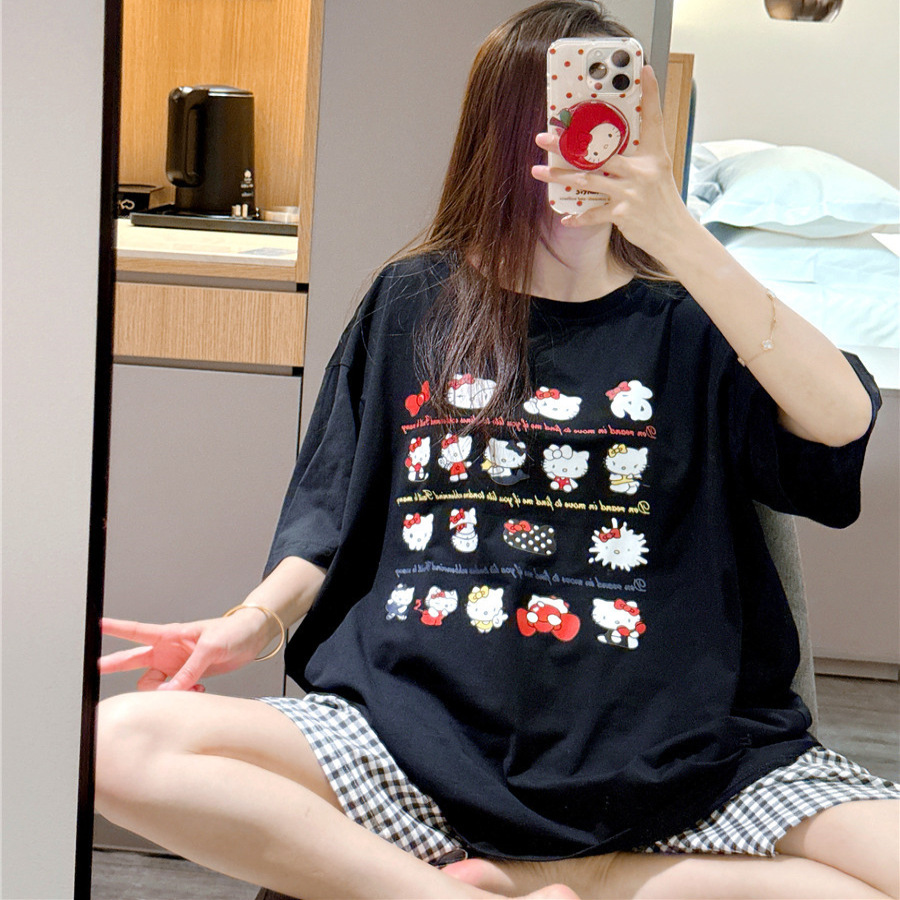 短袖睡衣女夏纯棉猫咪蝴蝶结印花家居服大码胖mm200斤格短裤套装