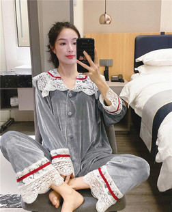 宫廷公主风睡衣女奢华金丝绒大翻领花边家居服大码胖mm200斤套装