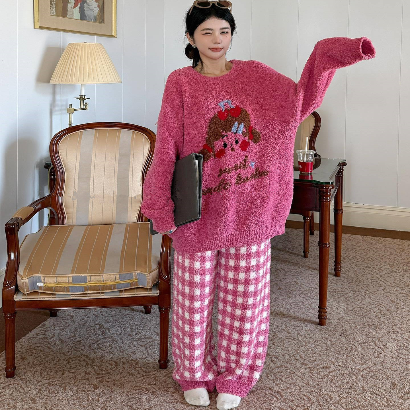 秋冬睡衣加厚半边绒樱桃女孩格子家居服宽松大码保暖软绵绵家居服