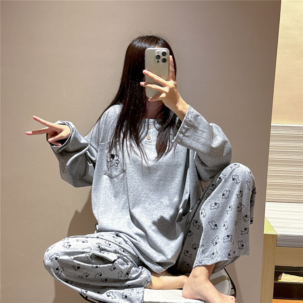 日系春秋长袖睡衣女薄款纯棉小狗刺绣家居服大码200斤长裤套装