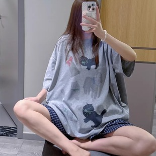 短袖睡衣女夏薄款可爱动物印花家居服大码胖mm200斤格子短裤套装