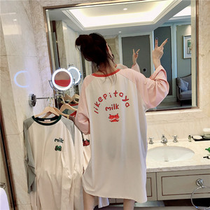 韩版长袖睡裙春秋季纯棉水果印花ins慵懒风睡衣女胖mm200斤家居服