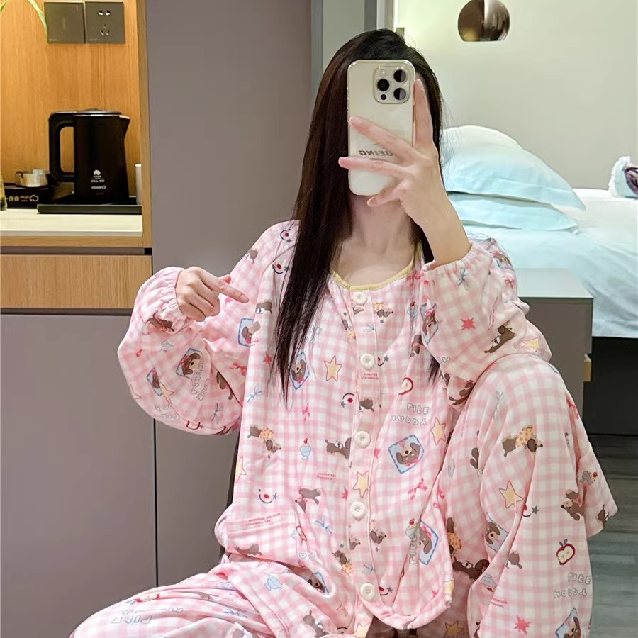 长袖睡衣女冬加厚德绒甜美可爱小狗印花家居服大码胖mm200斤套装