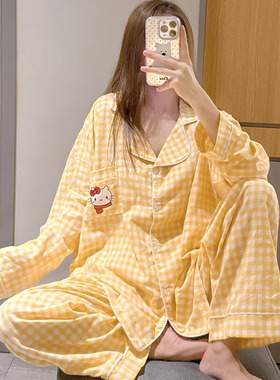 日系长袖开衫睡衣甜美可爱猫咪印花家居服大码200斤格子长裤套装