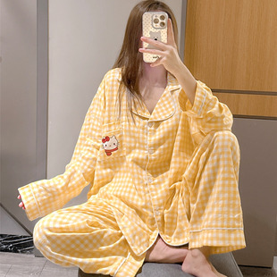 日系长袖开衫睡衣甜美可爱猫咪印花家居服大码200斤格子长裤套装