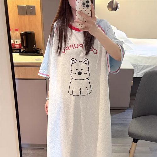短袖睡裙女夏天纯棉拼色插肩袖可爱小狗家居服大码胖mm200斤睡衣