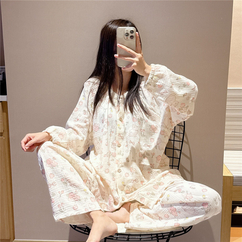 日系长袖睡衣女春秋双层透气纱布棉小碎花家居服大码200斤套装,女士内衣/男士内衣/家居服,睡衣/家居服套装,淘宝优惠券,粉丝福利购,淘宝优惠卷