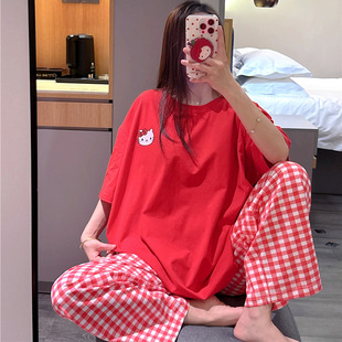 春夏季短袖睡衣女薄款纯棉猫咪家居服大码200斤胖mm格子长裤套装