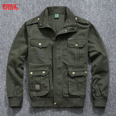 春秋季宽松版长袖工装上衣多口袋男款斜纹棉耐磨夹克式工作服上衣