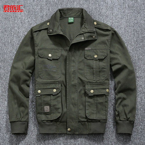 春秋季宽松版长袖工装上衣多口袋男款斜纹棉耐磨夹克式工作服上衣