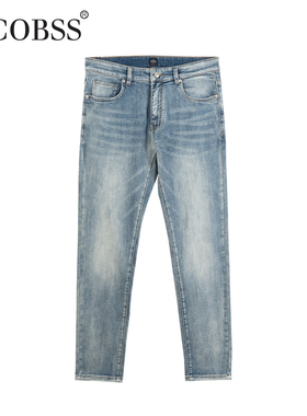 VB美式复古水洗猫须蓝色直筒牛仔裤男休闲长裤8.5盎司