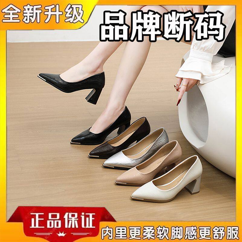 【正品】尖头小皮鞋女士2026春季新款时装鞋浅口粗跟单鞋高跟鞋潮