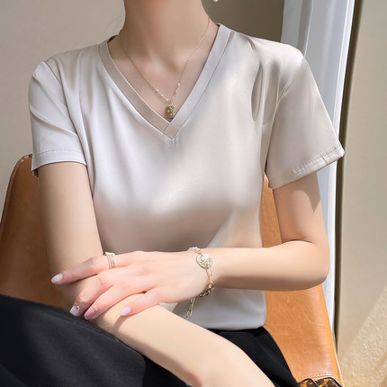 22夏季真丝缎面短袖t恤女宽松V领醋酸西装内搭桑蚕丝气质上衣体恤