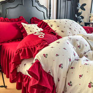 公主风小清新碎花床裙床罩四件套红色花边亲肤柔软床单被套被罩