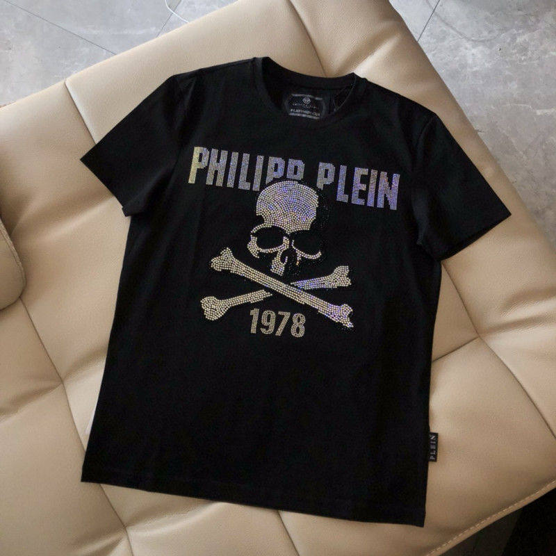 新款德国PP欧洲站欧美潮牌烫钻骷髅头时尚短袖T恤男士修身情侣装