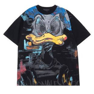 复古动漫宽松印花 夏季 个性 涂鸦唐老鸭盐系男友穿搭出游情侣短袖