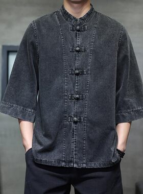 新中式夏季薄牛仔七分袖衬衫男复古宽松大码唐装盘扣改良汉服外套