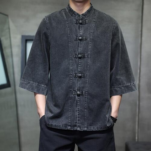 新中式夏季薄牛仔七分袖衬衫男复古宽松大码唐装盘扣改良汉服外套