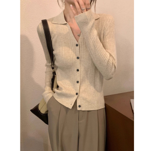 内搭纯欲v领短款 法式 毛衣女秋冬季 polo翻领长袖 外套上衣 针织开衫