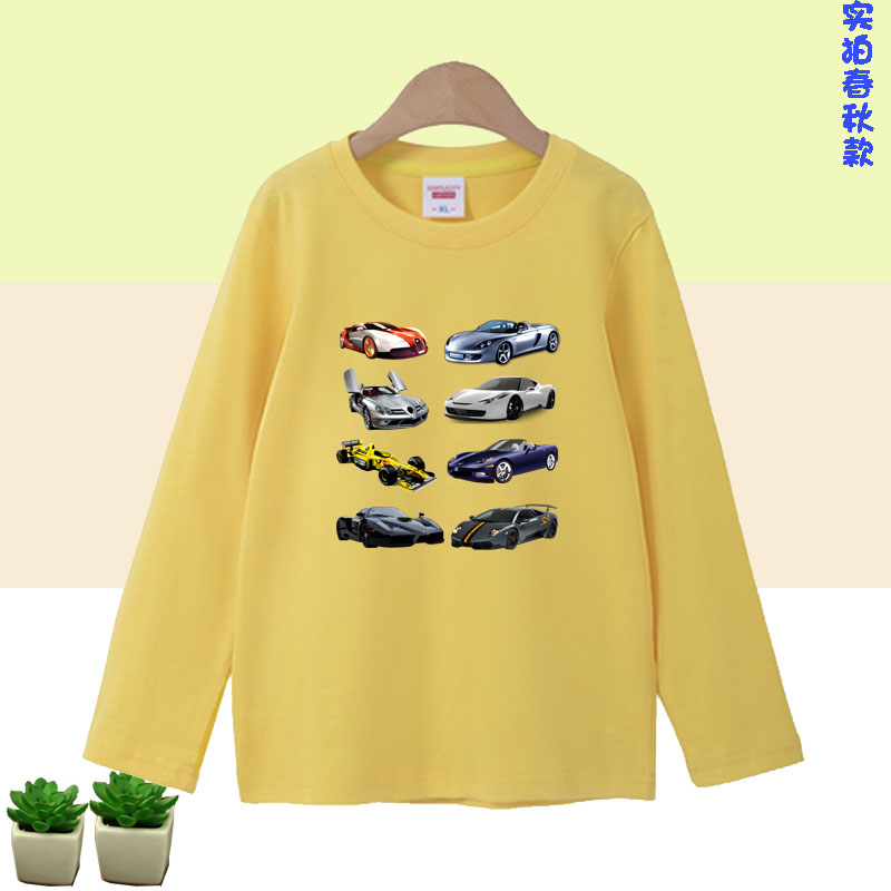 跑车衣服2026儿童长袖 纯棉T恤男女童 小汽车图案打底上衣学生