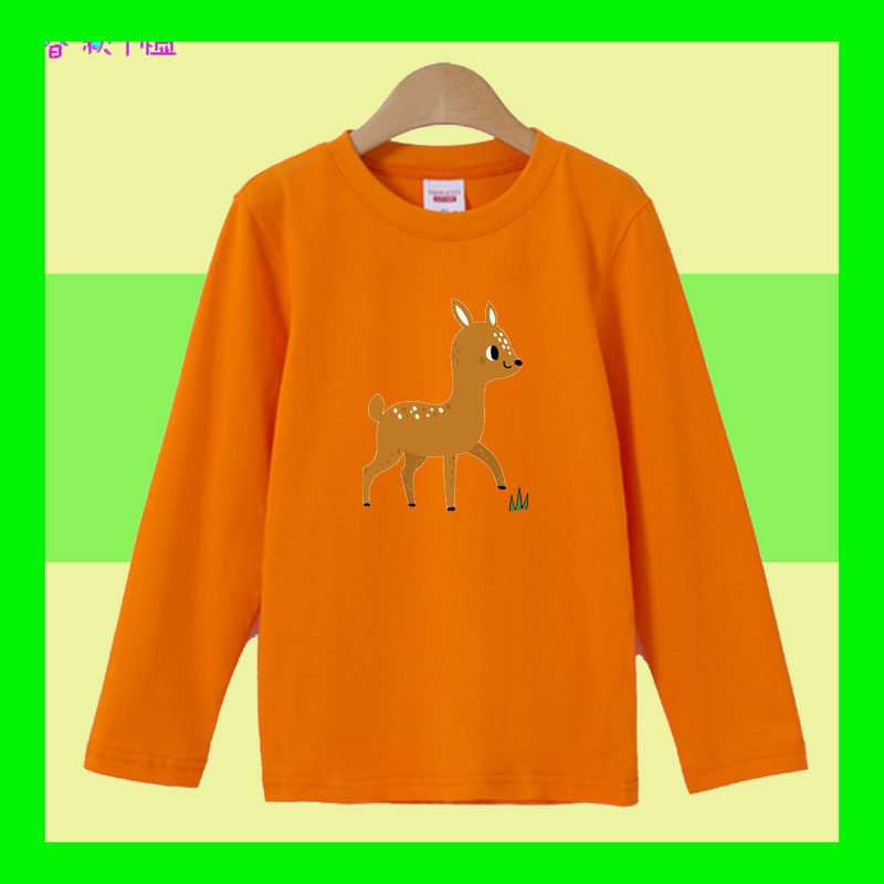 纯棉儿童T恤长袖春秋季薄款小鹿图案男童女童新年打底衫幼童上衣