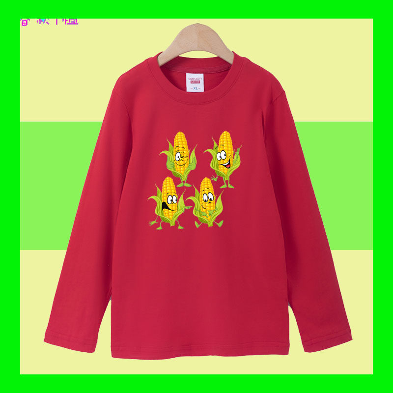 纯棉文化衫长袖T恤男童玉米春秋款2026打底衫体恤女童圆领红上衣
