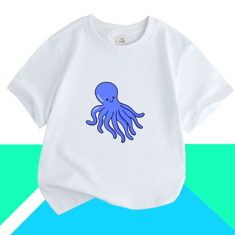 纯棉短袖t恤女夏季薄款 新款男童宽松章鱼纯色短款上衣学生