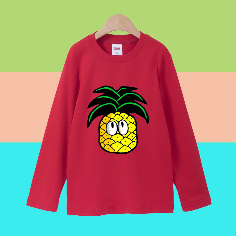 白色蓝色纯棉T恤衫男女儿童装宝宝长袖亲子装上衣服红色4菠萝