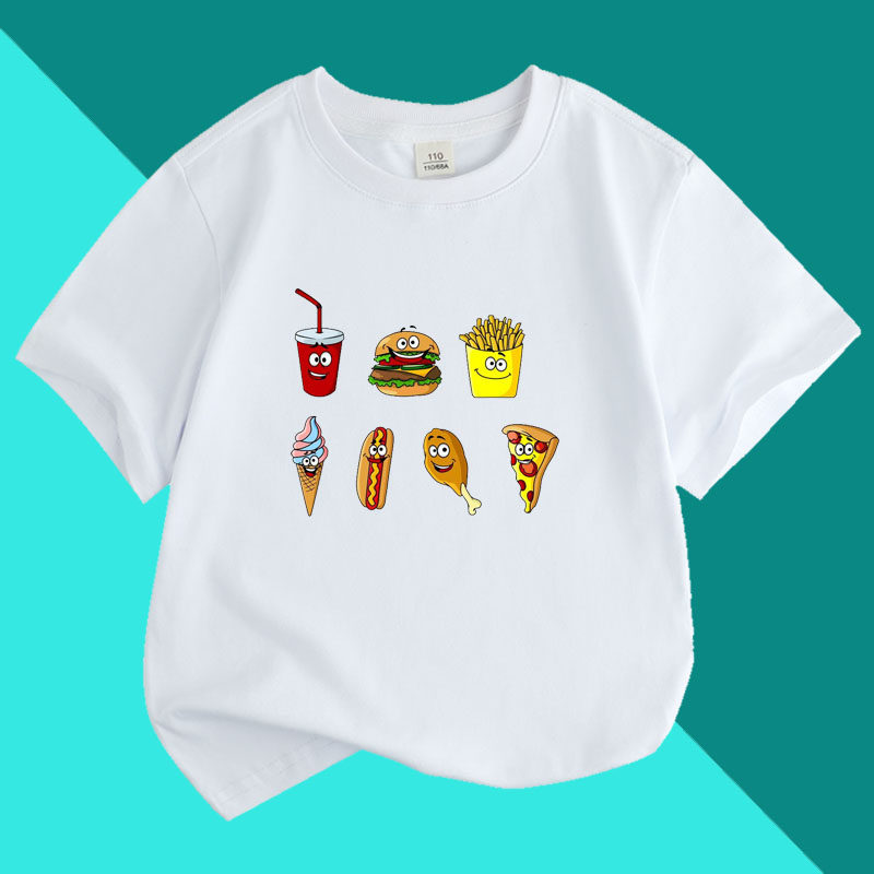 女童汉堡衣服t恤短袖 夏季中大童卡通男童纯棉半袖洋气上衣