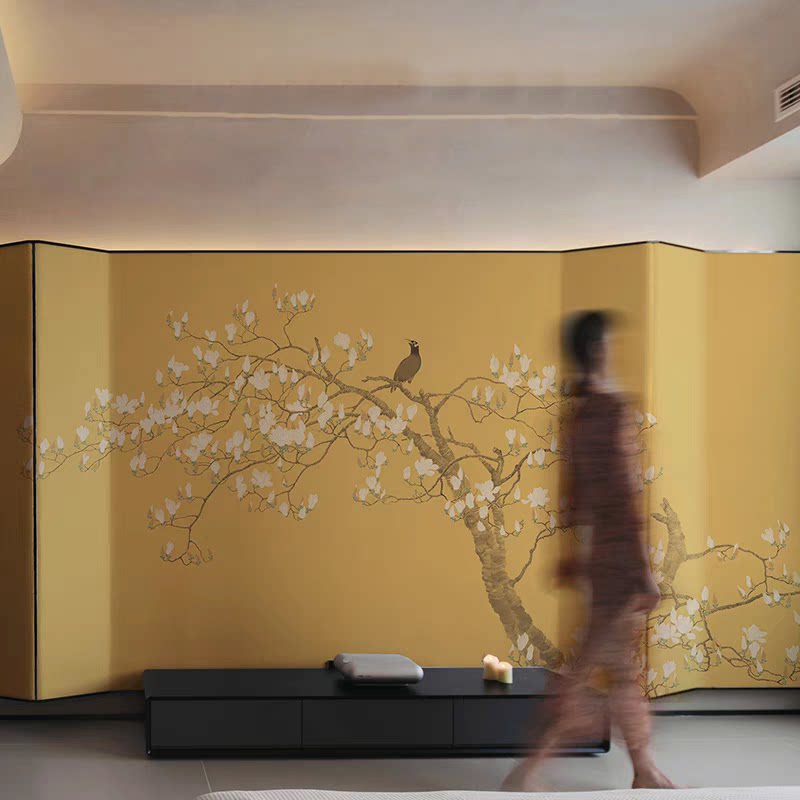 新中式玉兰花鸟壁画酒店前台背景墙纸饭店大厅装修包间室设计墙布