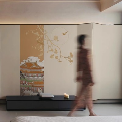 新中式手绘壁布酒店花鸟背景墙壁纸饭店格物印画玄关装修古风墙布