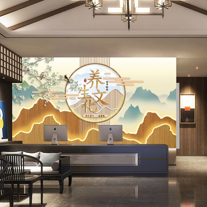 养生会所形象墙壁纸足道文化足疗店装饰墙纸头疗采耳馆前台背景墙