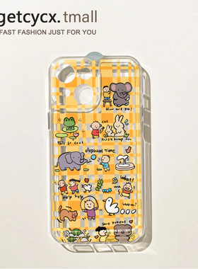 ins风黄色格子大象考拉适用苹果14promax手机壳iPhone13透明12新款17pro可爱1plus5卡通xs女xr全包x防摔硬壳