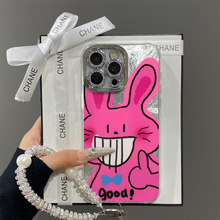 可爱涂鸦呲牙兔子适用苹果16promax手机壳iPhone15冰川新款13带镜头膜12羽纱情侣女17挂绳plus小众14防摔硬壳