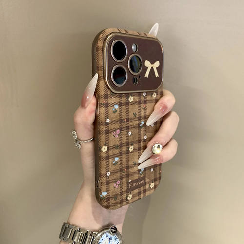 格纹小碎花适用苹果16promax手机壳iPhone14贴皮大视窗13新款女12卡通17情侣15pro个性闺蜜pro全包防摔xs软壳