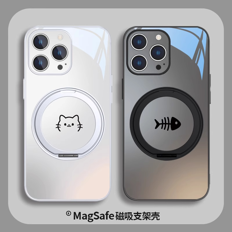 猫咪鱼骨适用苹果17Promax手机壳新款iPhone16简约15时尚14防摔11磁吸支架12pro少女max金属漆xr玻璃plus硬壳