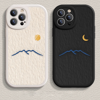 简约太阳月亮适用苹果16promax手机壳iPhone15小羊皮14简约13网红少女12pro情侣plus个性17全包防摔x皮质软壳