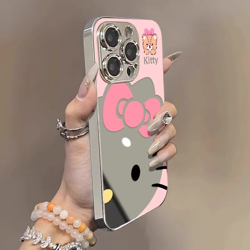 可爱kitty猫镜面适用苹果16promax手机壳iPhone15卡通13新款11pro网红高级plus情侣12电镀银14少女防摔xs硬壳