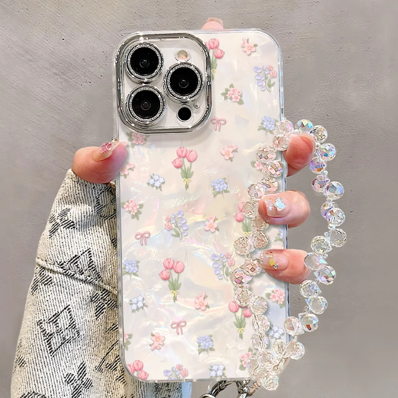 郁金香花束适用苹果16promax手机壳iPhone15带镜头膜13新款12贝壳纹17水晶手链xs小众11少女plus14防摔xs硬壳