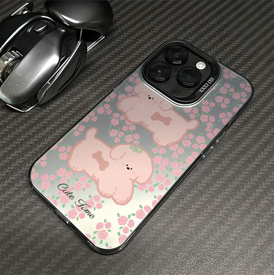 满屏粉色碎花小狗适用16promax手机壳iPhone15创意14新款13小众pro女12情侣plus网红7镭射11全包8p防摔xs硬壳