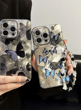 ins满屏黑色蝴蝶适用苹果16promax手机壳iPhone15电镀银新款13带镜头膜12高级pro女17plus创意冰川14防摔硬壳